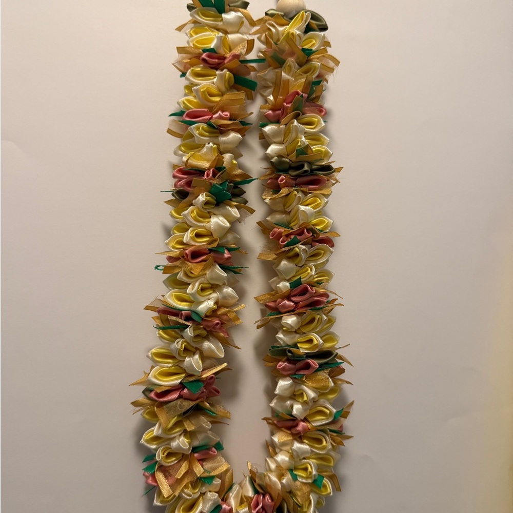 Spring Ribbon Floral Lei Necklace in Yellow, Pink & Cream